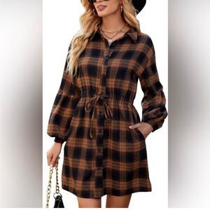 Blooming Jelly Flannel Plaid Button-Up Dress with Drawstring Waist